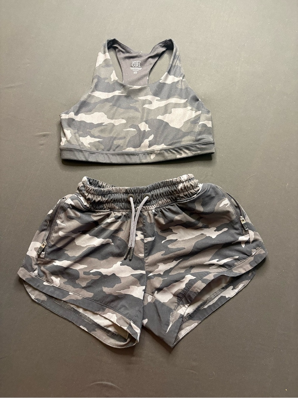 Athleta Grey Camo Athletic Shorts (M) and top (L). Girls